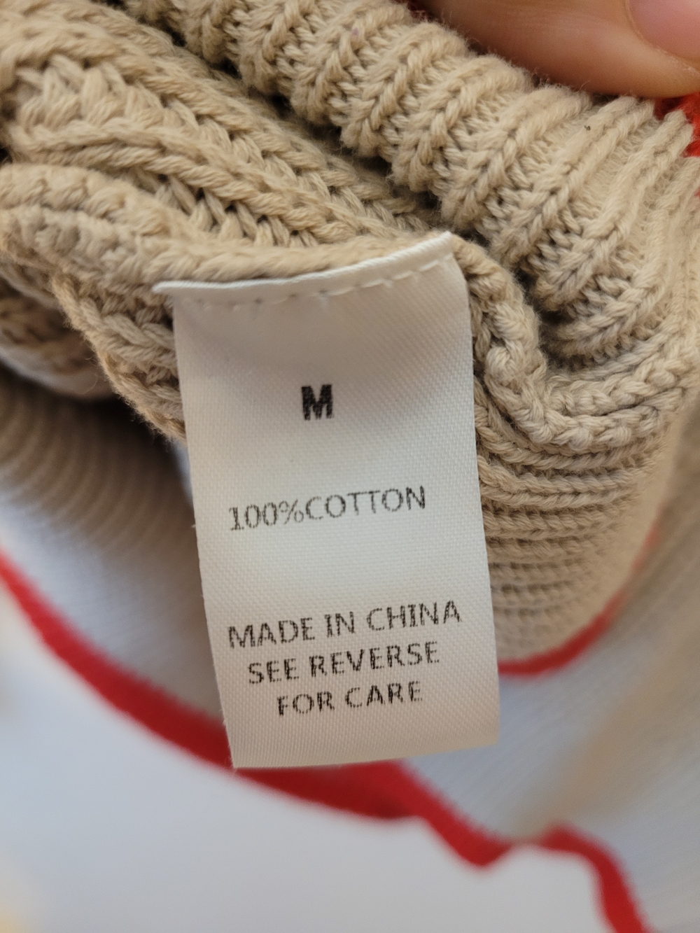 Wishlist Chunky Knit Hooded Sweater Beige Red Trim 100% Cotton Medium - Picture 8 of 9